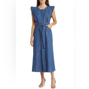 DU PARADIS
Tie Waist Denim A-Line Midi Dress in Indigo 100% cotton size small